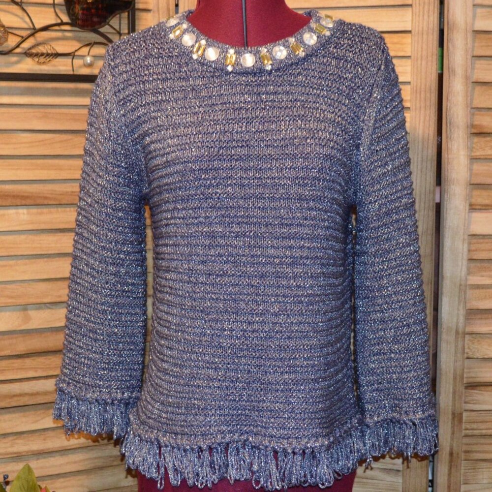 Ruby Rd. PM Blue/Silver L/S Sweater Jeweled Rounded Neckline Fringed Hem